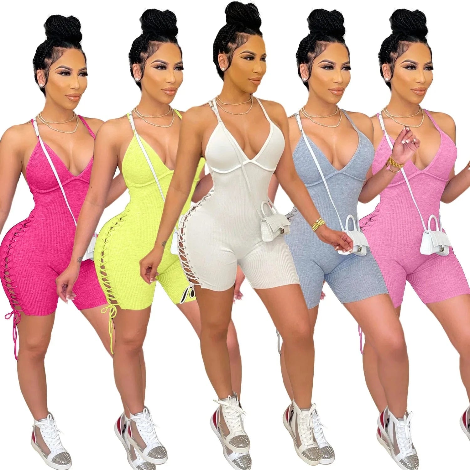 Laced Backless Romper Jumpsuit Shorts Ladies Workout Jumpsuits and Bodysuit Ribbed Halter One Piece Romper Short Jumpsuit