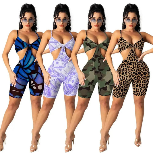 Ladies Bodycon One Piece Strap Jumpsuit Sexy Short Yoga Rompers Women Print Bodysuit Workout Sleeveless Summer Playsuits