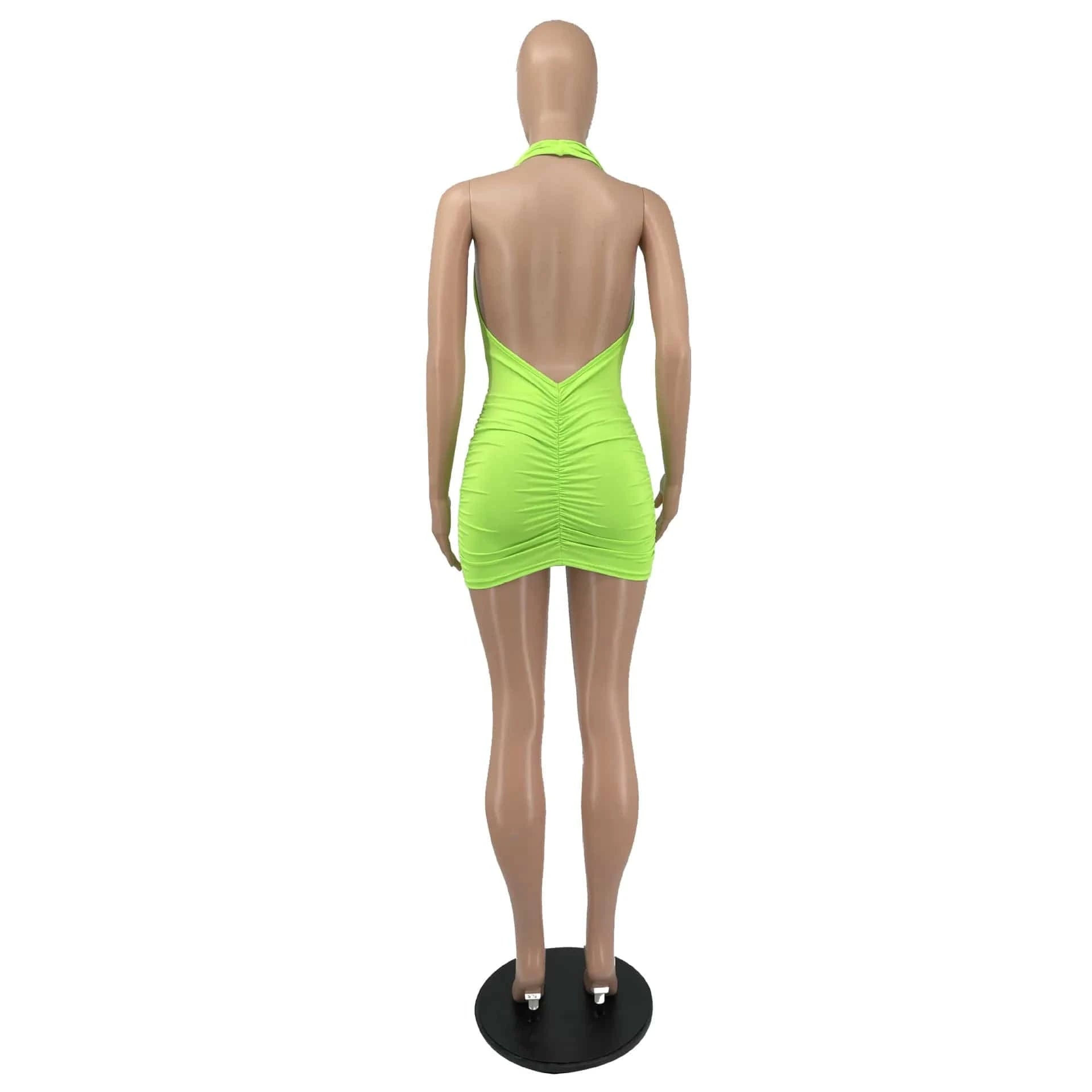 Ladies Casual Pleated Dresses Summer Club Night Dresses Halter Backless Sexy Deep V Neck Party Mini Women Dresses