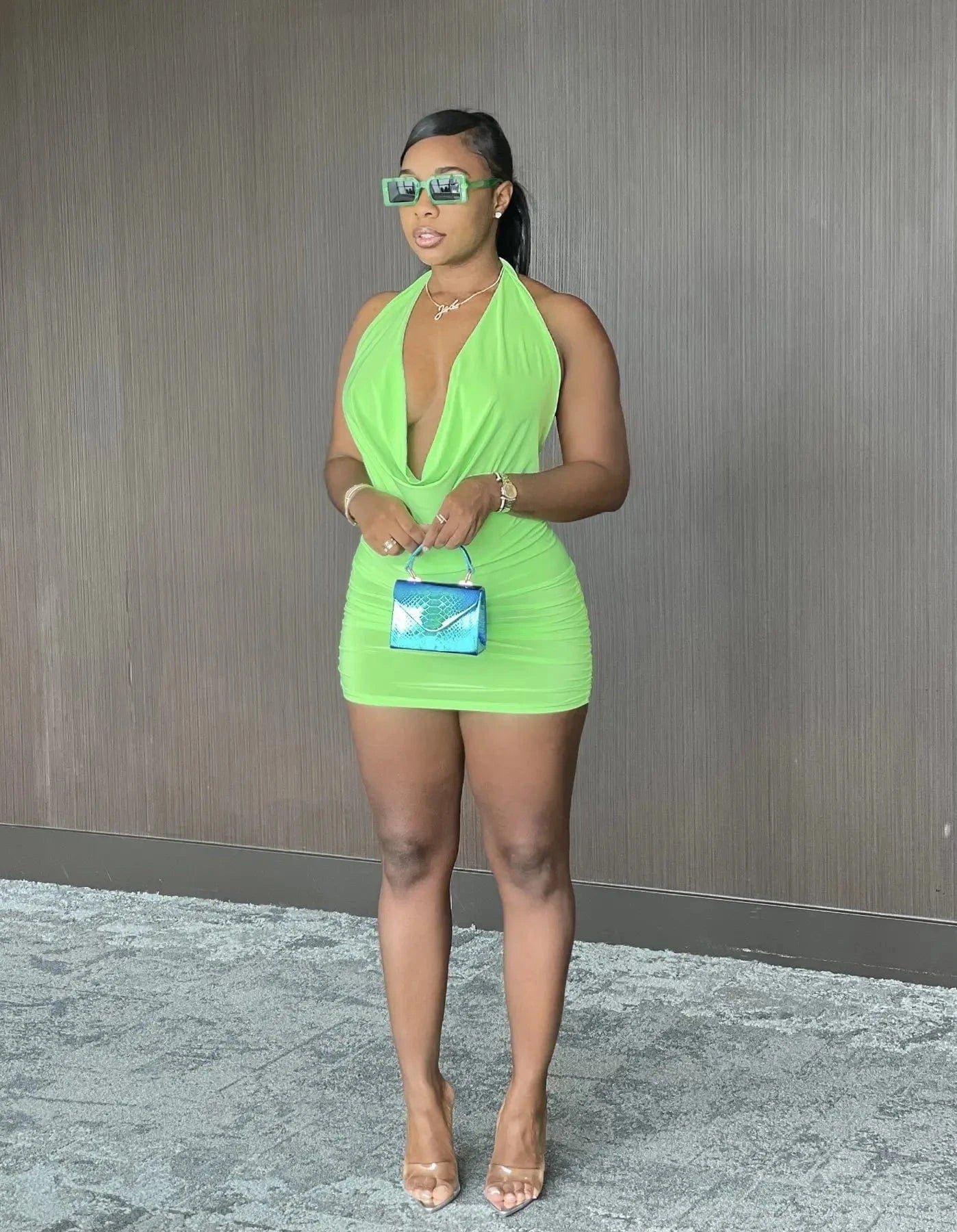 Ladies Casual Pleated Dresses Summer Club Night Dresses Halter Backless Sexy Deep V Neck Party Mini Women Dresses