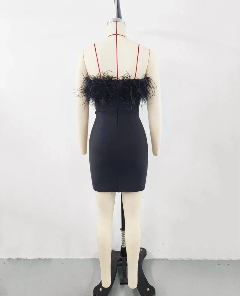 Ladies Clothes Wholesale Strapless Black Feathers Bodycon Bandage Evening Dresses