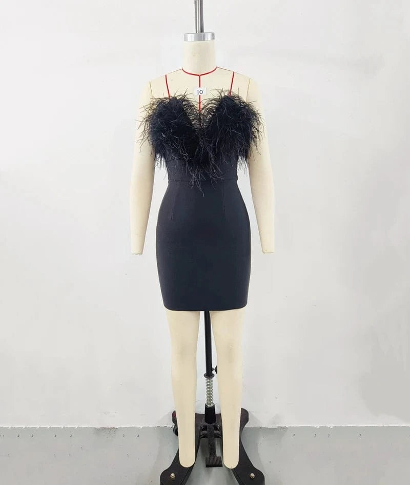 Ladies Clothes Wholesale Strapless Black Feathers Bodycon Bandage Evening Dresses