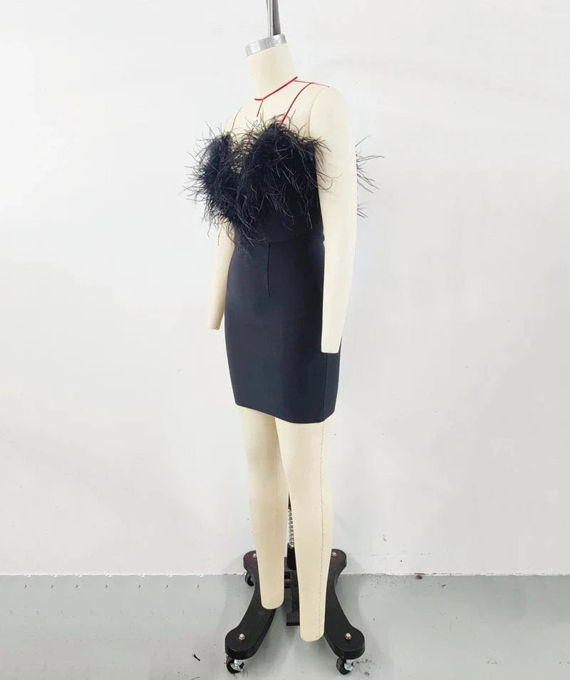 Ladies Clothes Wholesale Strapless Black Feathers Bodycon Bandage Evening Dresses