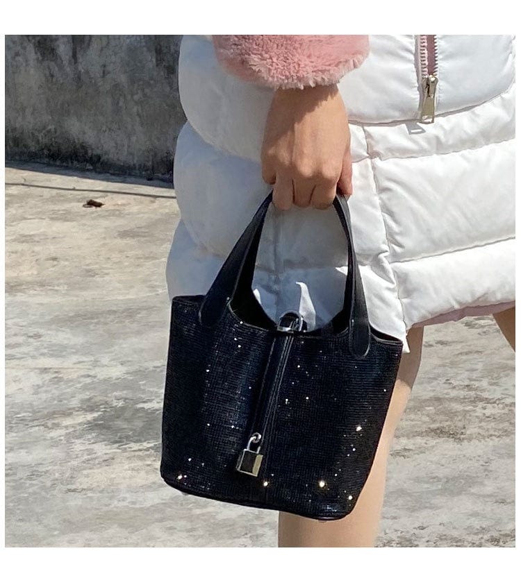 Ladies Fashion Bling Rhinestone Decoration Bucket Tote Bag Ladies Trend Luxury Pu Leather Shoulder Handbag and Purse For Woman