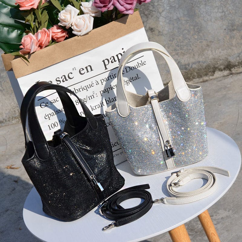 Ladies Fashion Bling Rhinestone Decoration Bucket Tote Bag Ladies Trend Luxury Pu Leather Shoulder Handbag and Purse For Woman