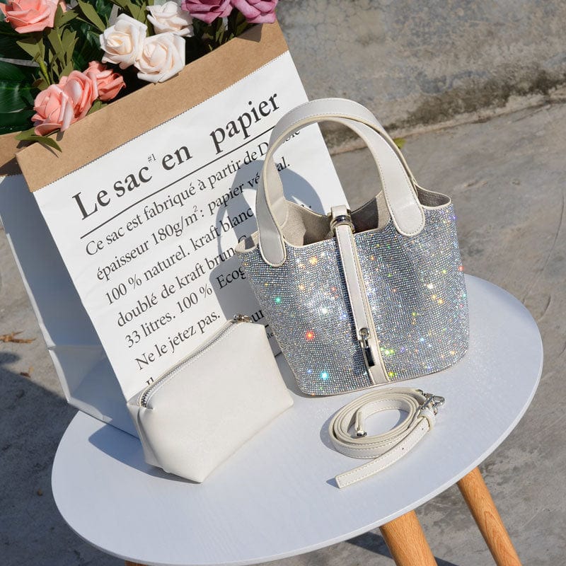Ladies Fashion Bling Rhinestone Decoration Bucket Tote Bag Ladies Trend Luxury Pu Leather Shoulder Handbag and Purse For Woman