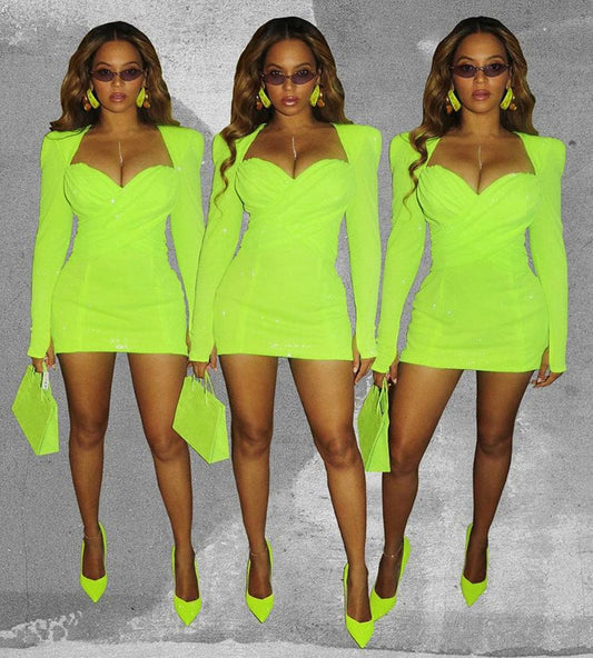 Ladies Green Sexy Ruffled Bodycon Dresses Party Mini Length Women Bandage Dress