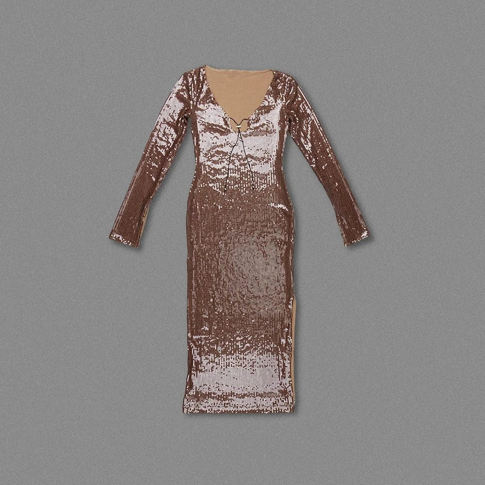 Ladies New Fashion Brown Long Dress Sequined Sexy Party Evening Dresses For Women