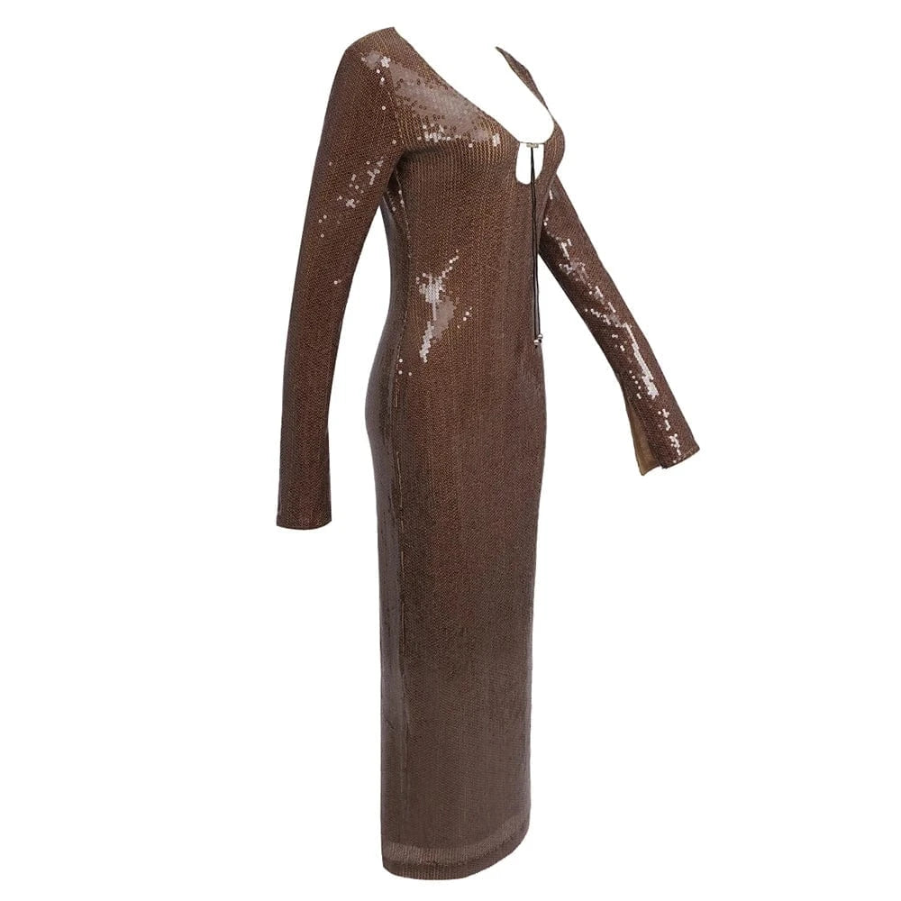 Ladies New Fashion Brown Long Dress Sequined Sexy Party Evening Dresses For Women