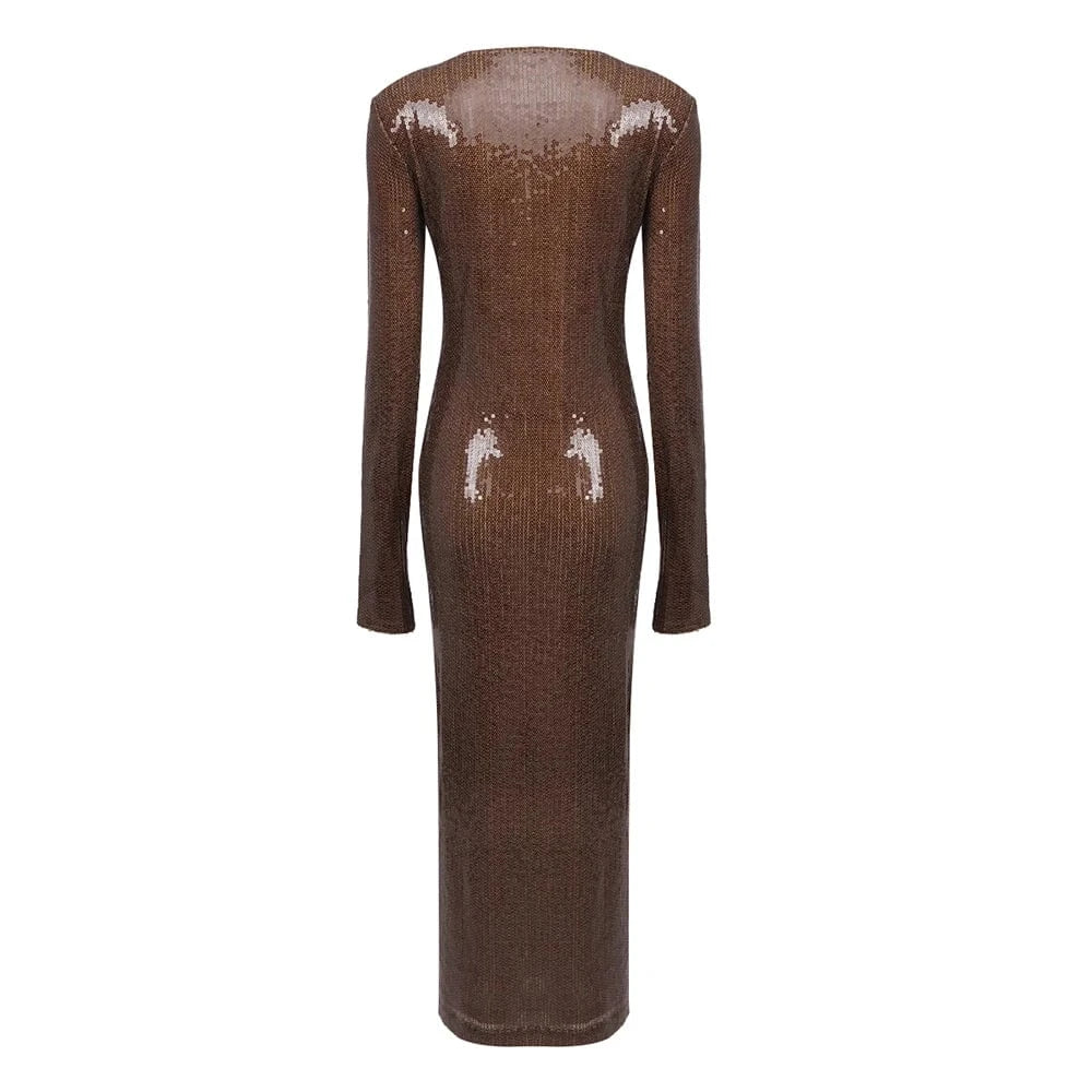 Ladies New Fashion Brown Long Dress Sequined Sexy Party Evening Dresses For Women