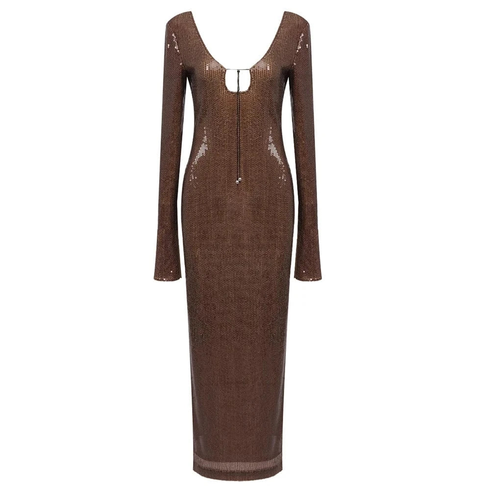 Ladies New Fashion Brown Long Dress Sequined Sexy Party Evening Dresses For Women