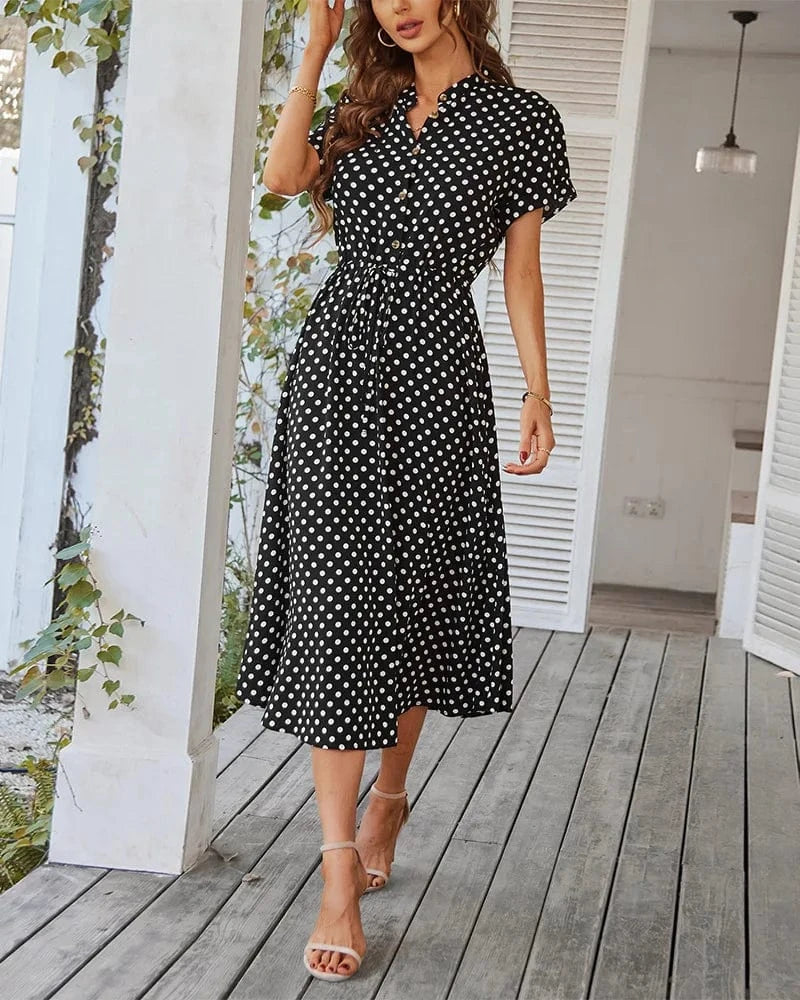 Ladies Polka Dot Print Shirt Dress Women Casual Holiday Summer Short sleeve Loose Women Beach Dress