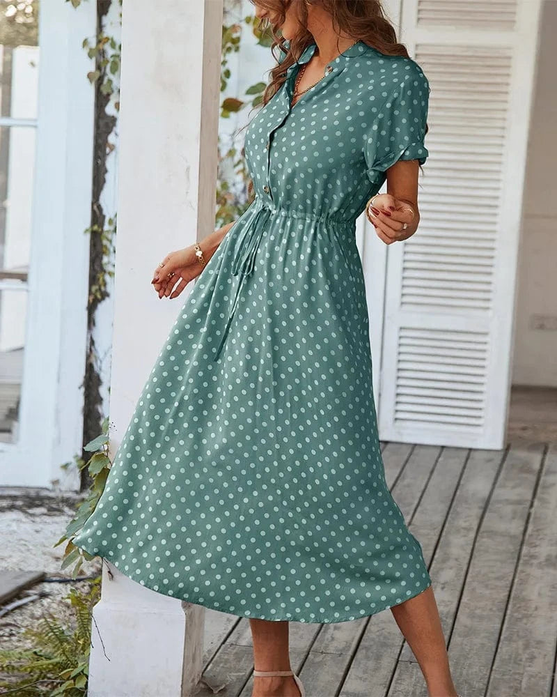 Ladies Polka Dot Print Shirt Dress Women Casual Holiday Summer Short sleeve Loose Women Beach Dress