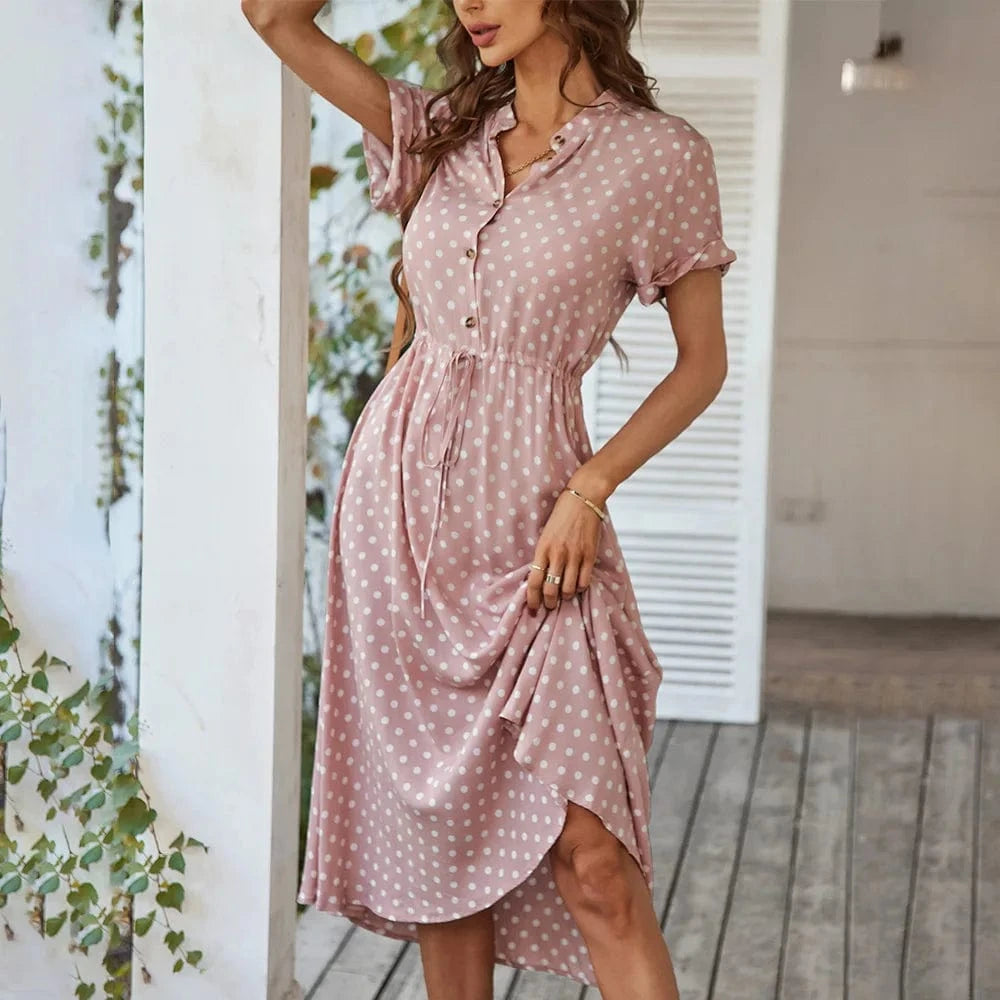 Ladies Polka Dot Print Shirt Dress Women Casual Holiday Summer Short sleeve Loose Women Beach Dress