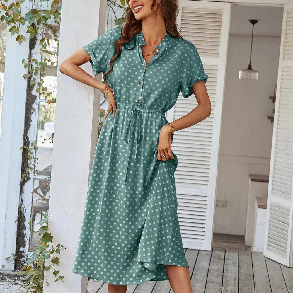 Ladies Polka Dot Print Shirt Dress Women Casual Holiday Summer Short sleeve Loose Women Beach Dress
