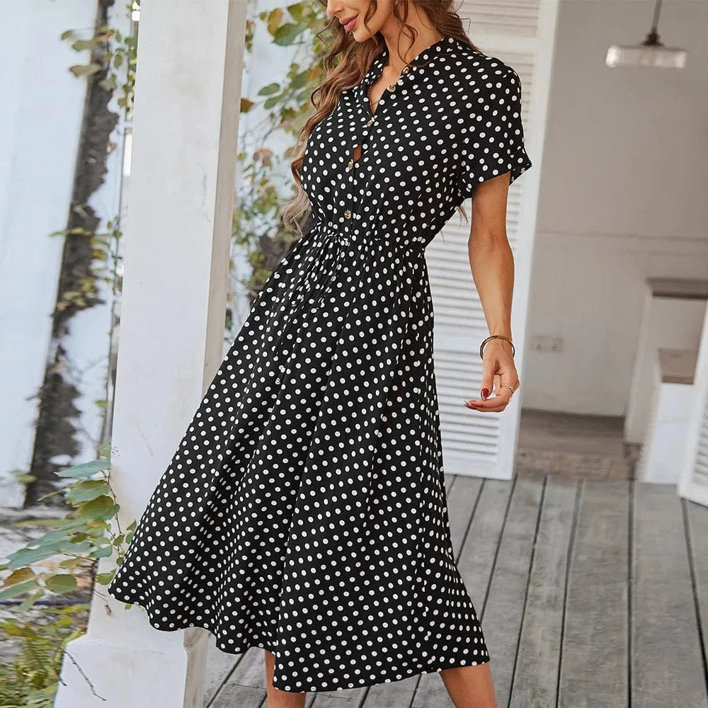 Ladies Polka Dot Print Shirt Dress Women Casual Holiday Summer Short sleeve Loose Women Beach Dress