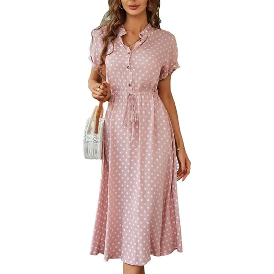 Ladies Polka Dot Print Shirt Dress Women Casual Holiday Summer Short sleeve Loose Women Beach Dress