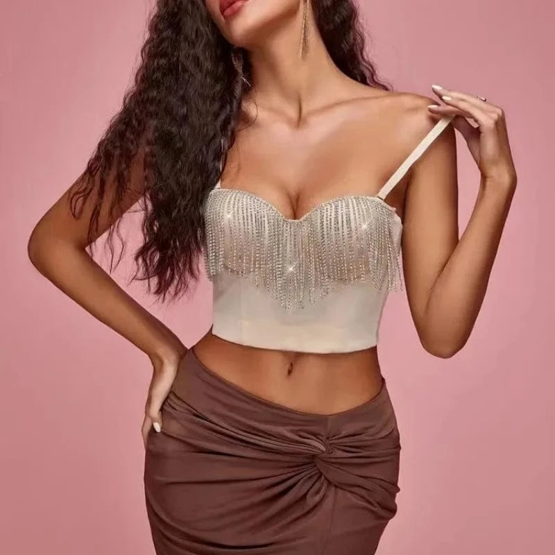 Ladies Sexy Party Bling Rhinestones Corset Cropped Top Trendy Diamond Bra Camisole Tank Top