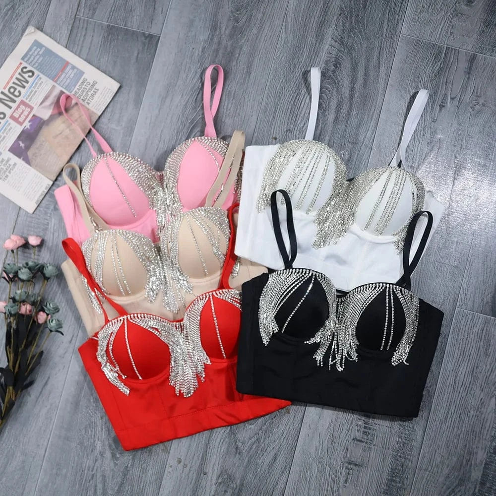 Ladies Sexy Party Bling Rhinestones Corset Cropped Top Trendy Diamond Bra Camisole Tank Top