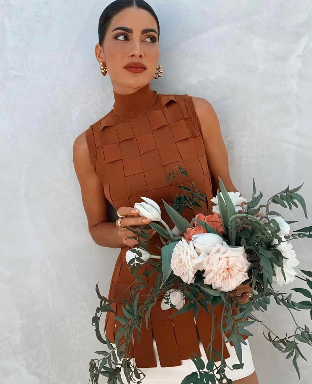 Ladies Spring and summer style patchwork plaid sleeveless blazer elastic slim sexy skirt bandage two piece set