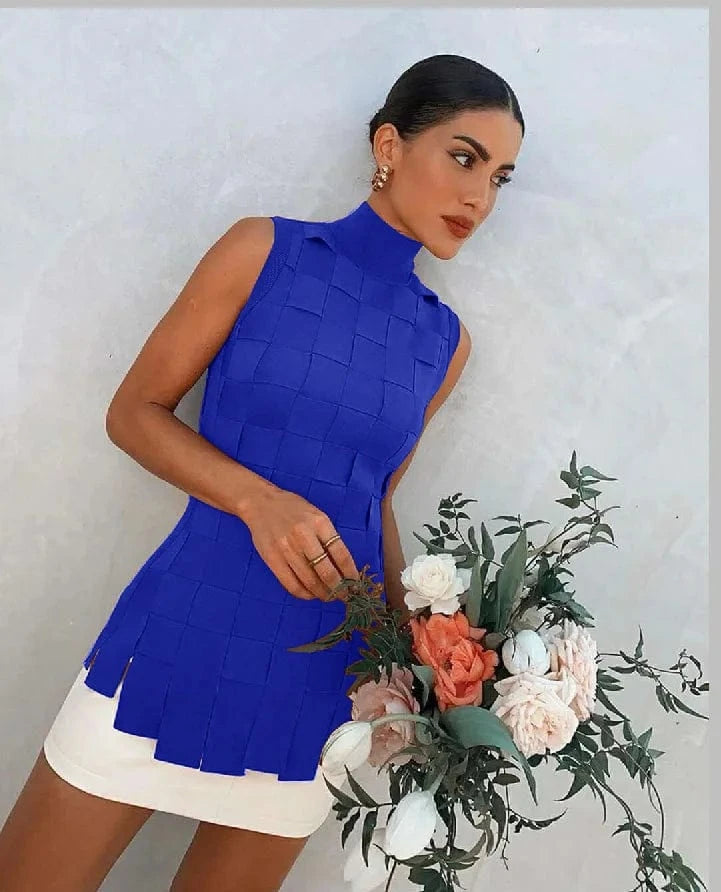 Ladies Spring and summer style patchwork plaid sleeveless blazer elastic slim sexy skirt bandage two piece set