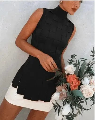 Ladies Spring and summer style patchwork plaid sleeveless blazer elastic slim sexy skirt bandage two piece set