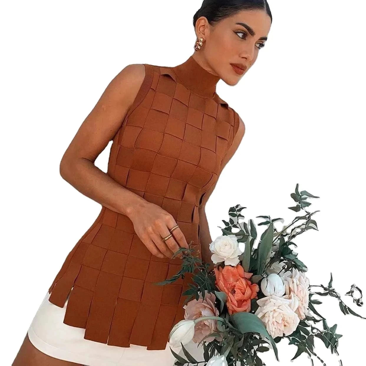 Ladies Spring and summer style patchwork plaid sleeveless blazer elastic slim sexy skirt bandage two piece set