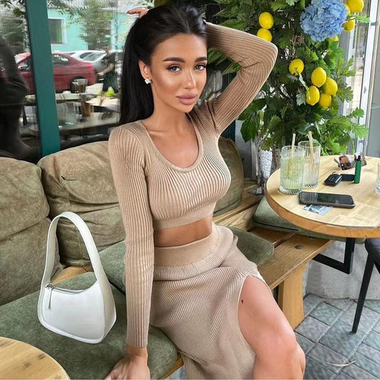 Ladies two piece set women clothing solid color knitting long sleeves tops + split skirts women sweater 2 piece set women skirts
