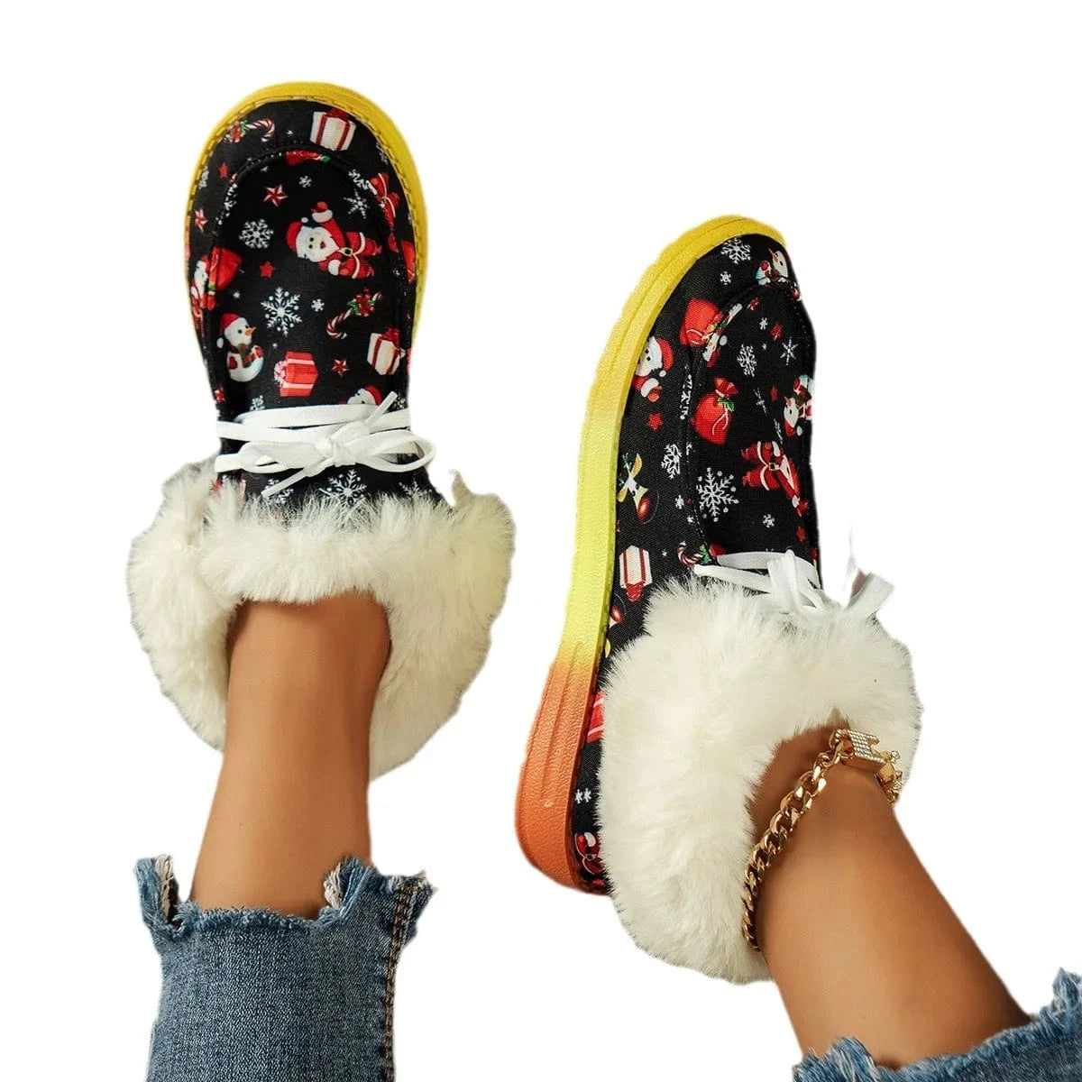 Ladies Winter Print Luxury Female Fluffy Casual Short Boots Flat Fashion Fur Cotton Shoes Women Winter Furry Snow Boots