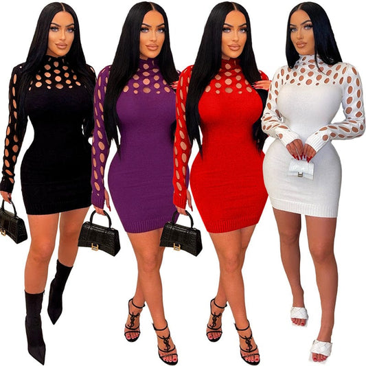 ladies women spring 2023 sexy red knit jersey long sleeve hollow out bodycon night club dress spring 2023 clothing for women