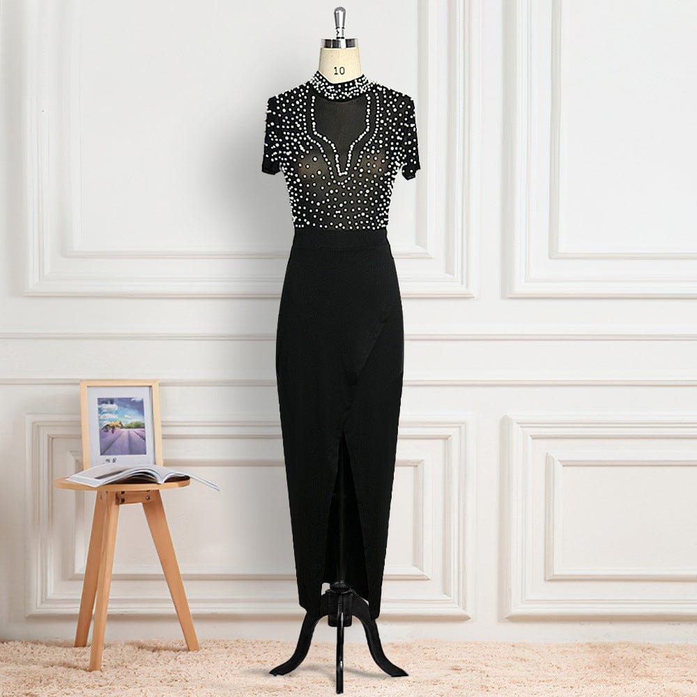 Lady Elegant Party Luxurious Sexy See-Through Tulle and Beaded Pearls Turtle Neck Short Sleeve Split Women's Evening Dress
