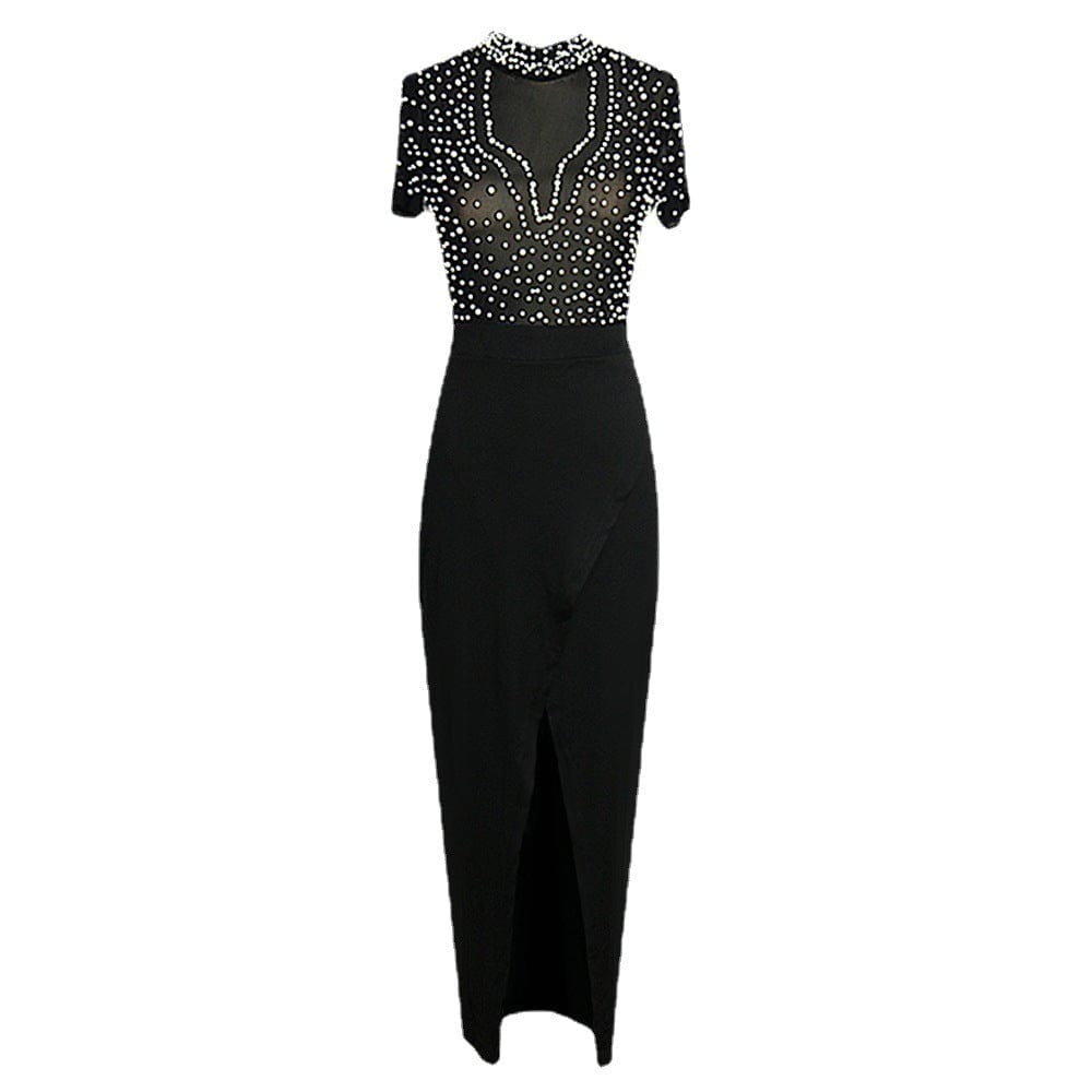 Lady Elegant Party Luxurious Sexy See-Through Tulle and Beaded Pearls Turtle Neck Short Sleeve Split Women's Evening Dress