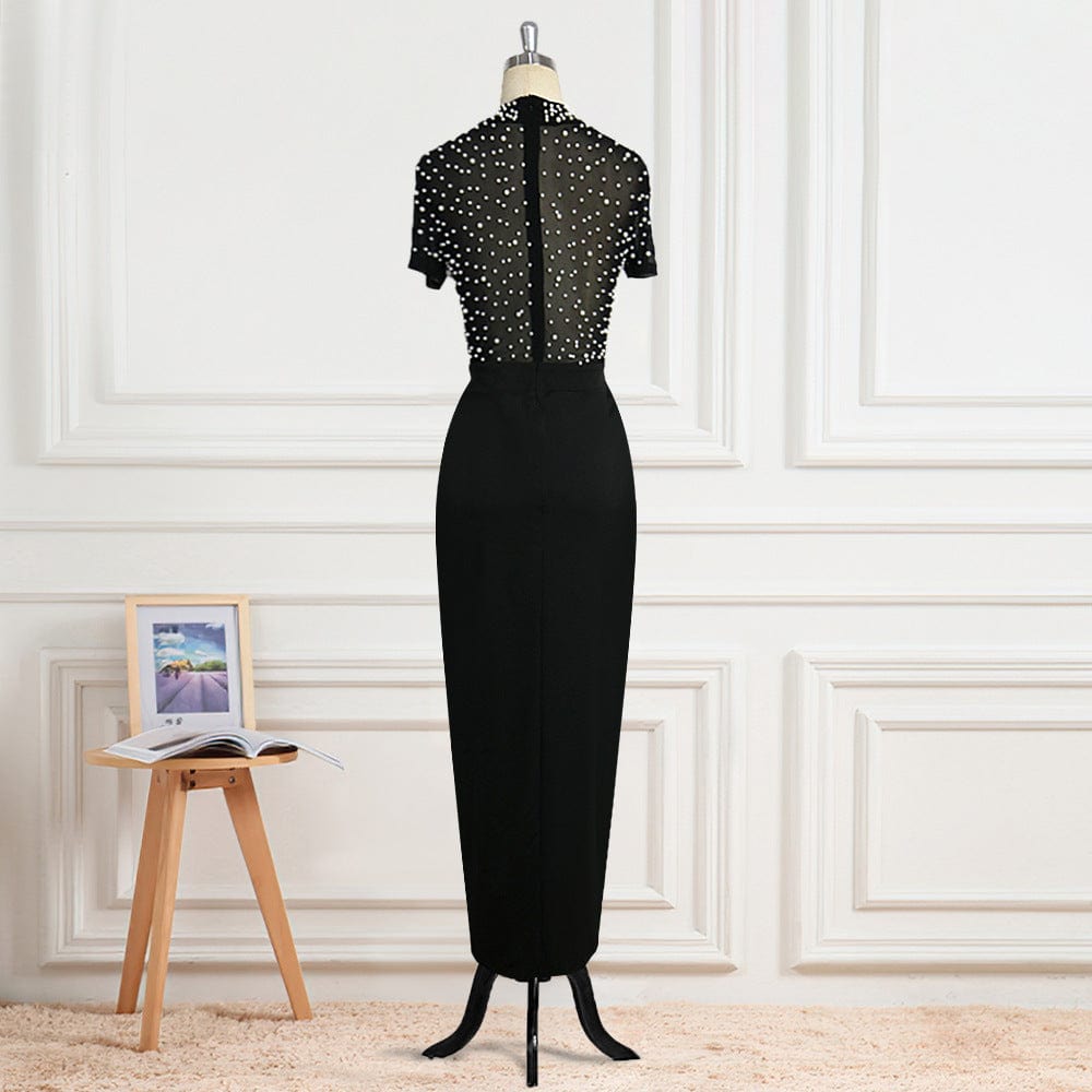 Lady Elegant Party Luxurious Sexy See-Through Tulle and Beaded Pearls Turtle Neck Short Sleeve Split Women's Evening Dress