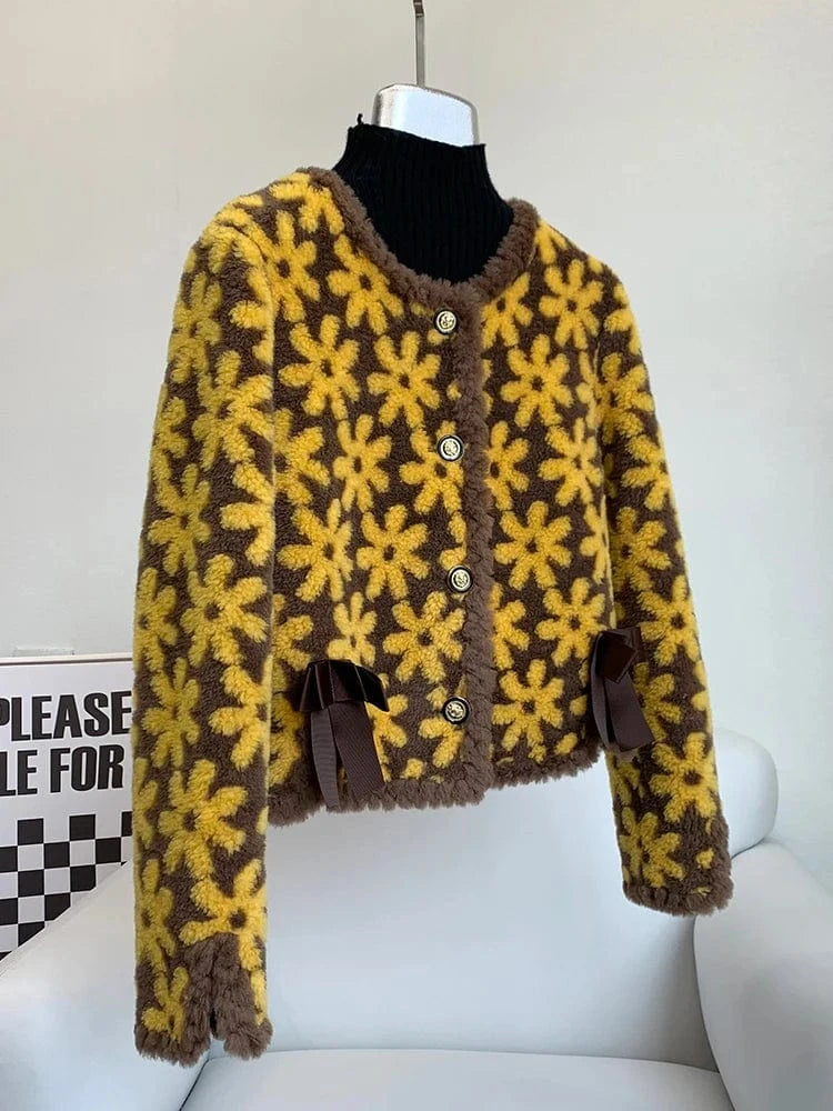 Lady Girl Lamb Wool Fur Warm Short Coats Female Sheep Shearling Floral Pattern Winter Jacket Overcoat JT3274