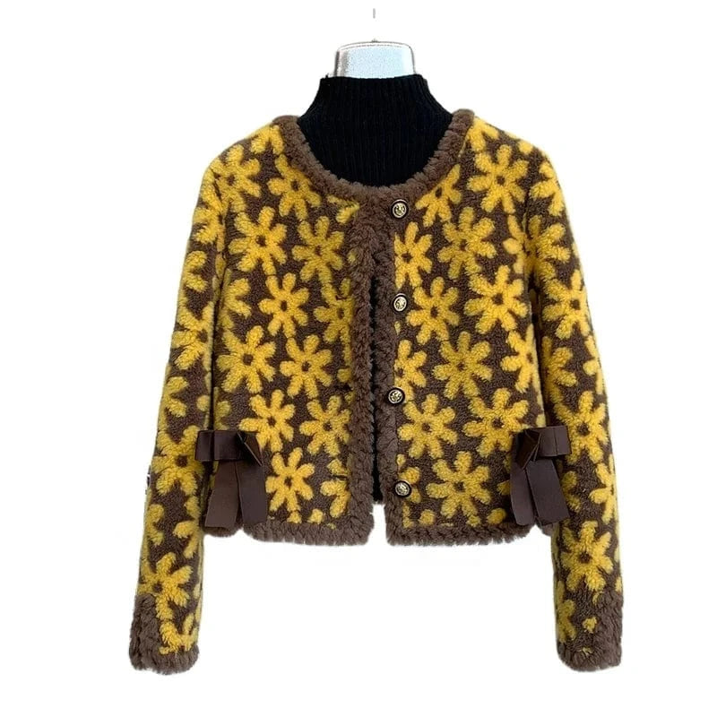 Lady Girl Lamb Wool Fur Warm Short Coats Female Sheep Shearling Floral Pattern Winter Jacket Overcoat JT3274