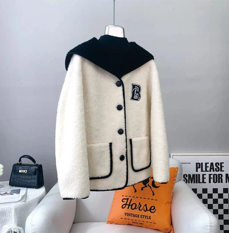 Lady Girl Real Wool Fur Coats Female Women Sheep Shearling Warm Jacket Winter Navy Collar Overcoat JT3202