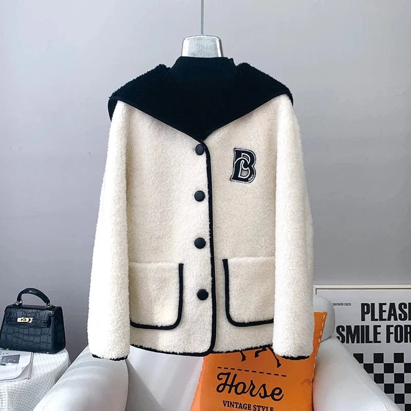 Lady Girl Real Wool Fur Coats Female Women Sheep Shearling Warm Jacket Winter Navy Collar Overcoat JT3202