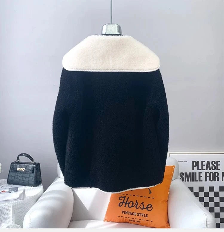 Lady Girl Real Wool Fur Coats Female Women Sheep Shearling Warm Jacket Winter Navy Collar Overcoat JT3202