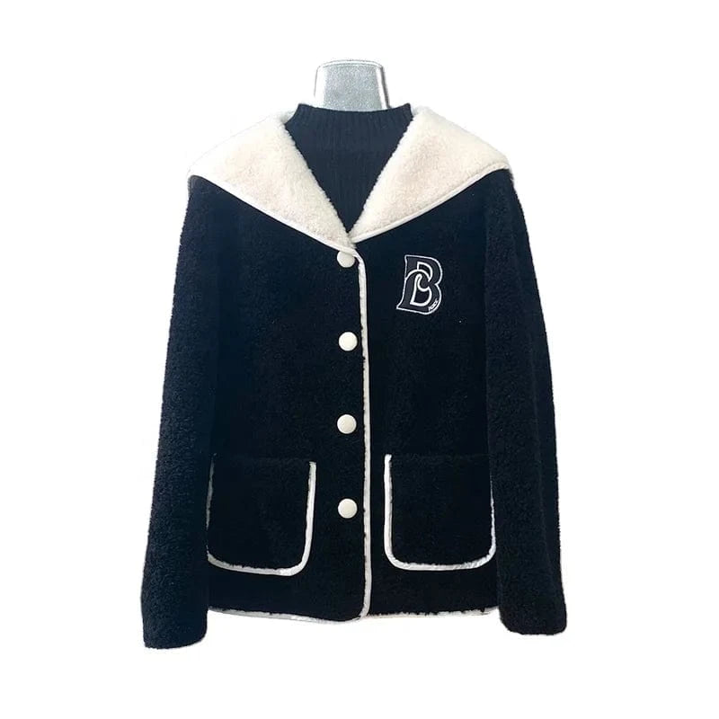 Lady Girl Real Wool Fur Coats Female Women Sheep Shearling Warm Jacket Winter Navy Collar Overcoat JT3202