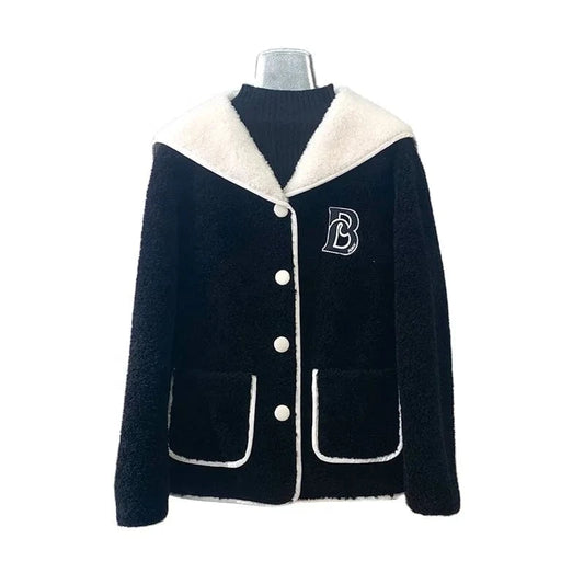 Lady Girl Real Wool Fur Coats Female Women Sheep Shearling Warm Jacket Winter Navy Collar Overcoat JT3202