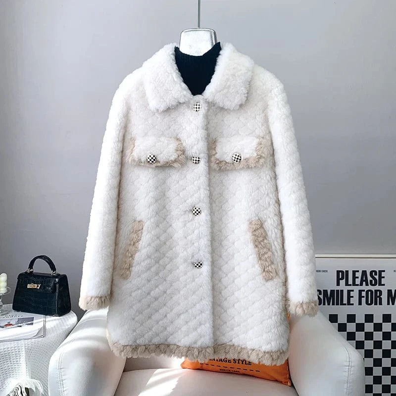 Lady Girl Sheep Shearling Elegant Coats Female Women Lamb Wool Fur Warm Jacket Winter Overcoat JT3203