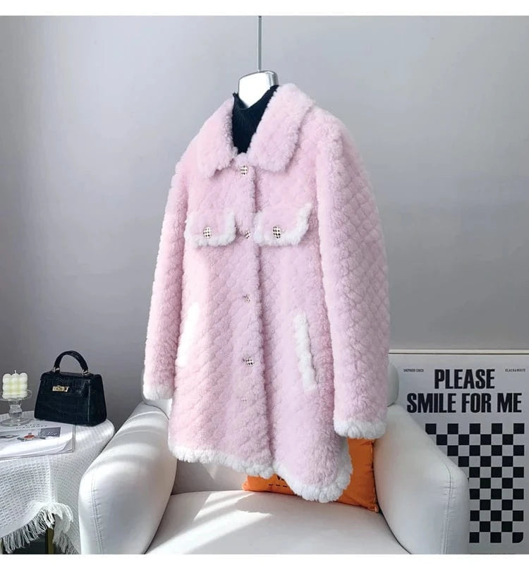 Lady Girl Sheep Shearling Elegant Coats Female Women Lamb Wool Fur Warm Jacket Winter Overcoat JT3203