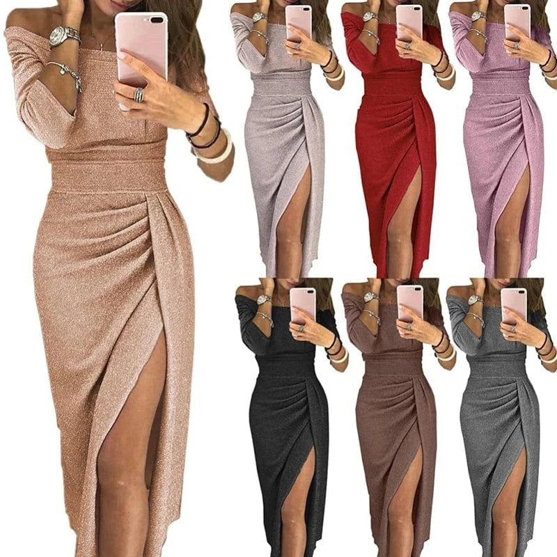 Lady High Waist Bling Bling Dress Off Shoulder Calf Length Vestidos Opaque Women Elegant Glitter Evening Party Dresses