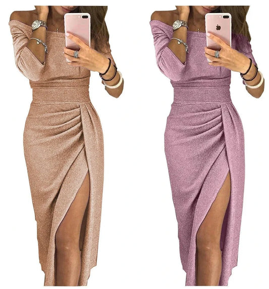 Lady High Waist Bling Bling Dress Off Shoulder Calf Length Vestidos Opaque Women Elegant Glitter Evening Party Dresses