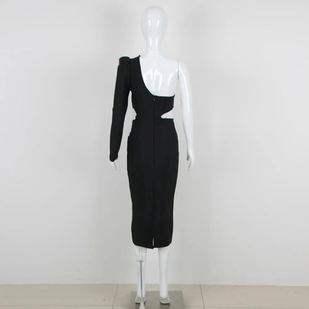 Lady One Shoulder Long Sleeve Pearls Hollow Out Party Evening Dress