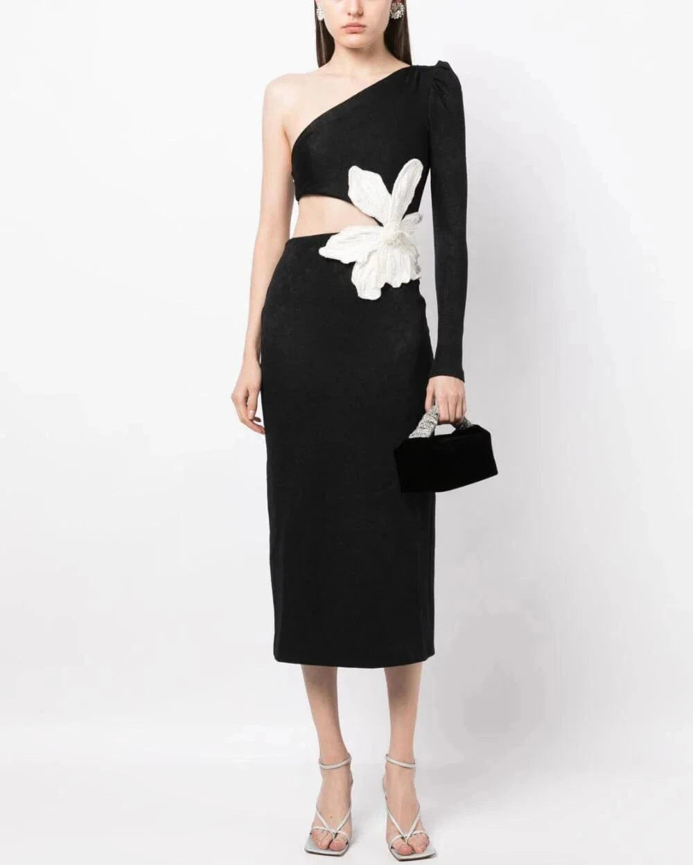 Lady One Shoulder Long Sleeve Pearls Hollow Out Party Evening Dress