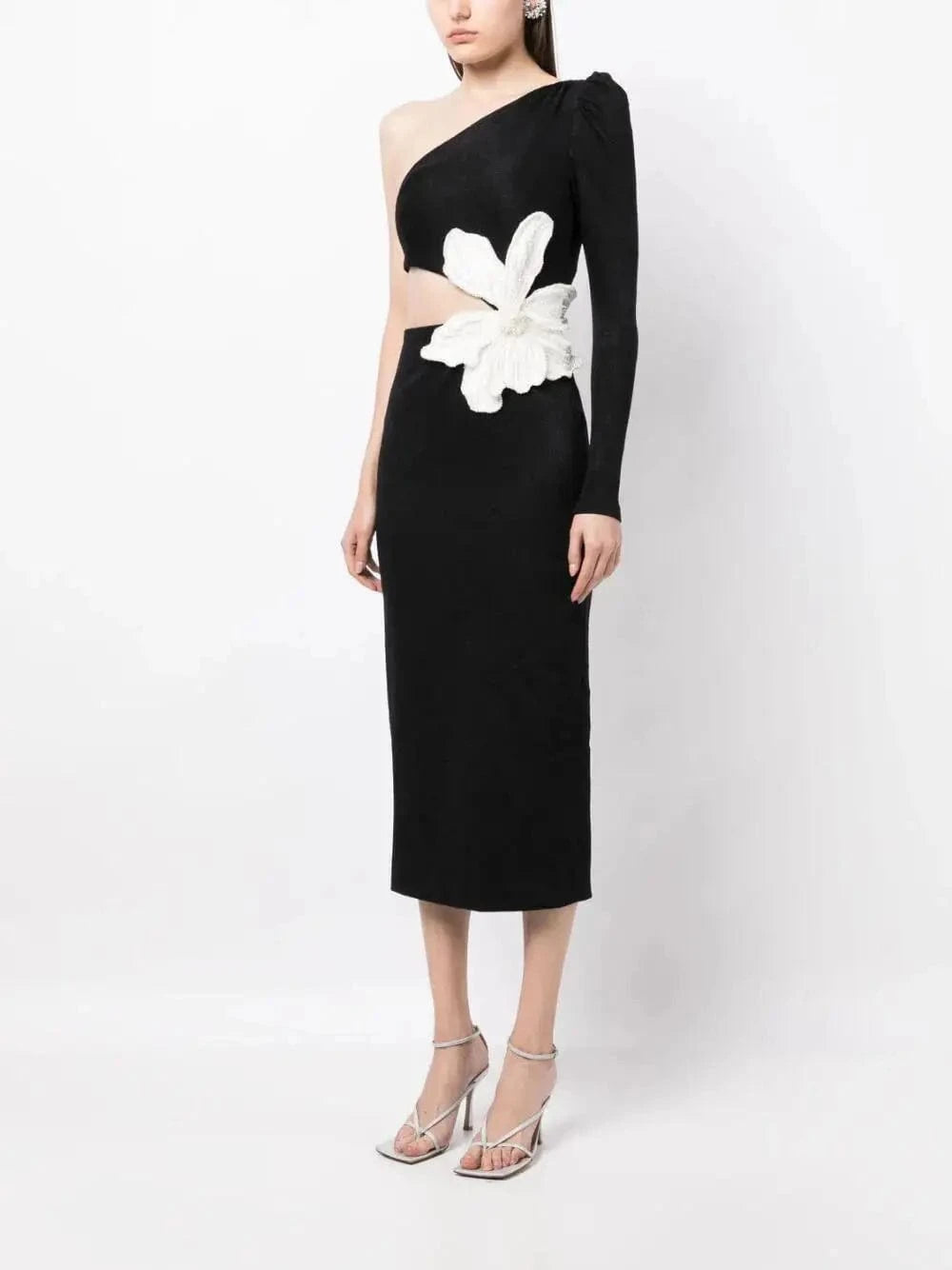 Lady One Shoulder Long Sleeve Pearls Hollow Out Party Evening Dress