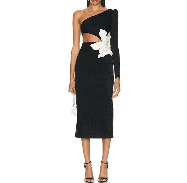 Lady One Shoulder Long Sleeve Pearls Hollow Out Party Evening Dress