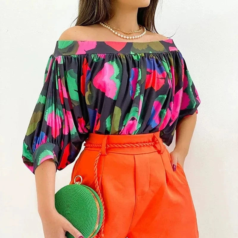 Lady Sexy Off Shoulder Bat Sleeve Print Shirt  Women Casual Loose Pleated 2023 Office Elegant Top Blouse
