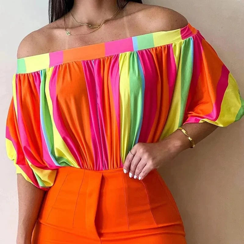 Lady Sexy Off Shoulder Bat Sleeve Print Shirt  Women Casual Loose Pleated 2023 Office Elegant Top Blouse